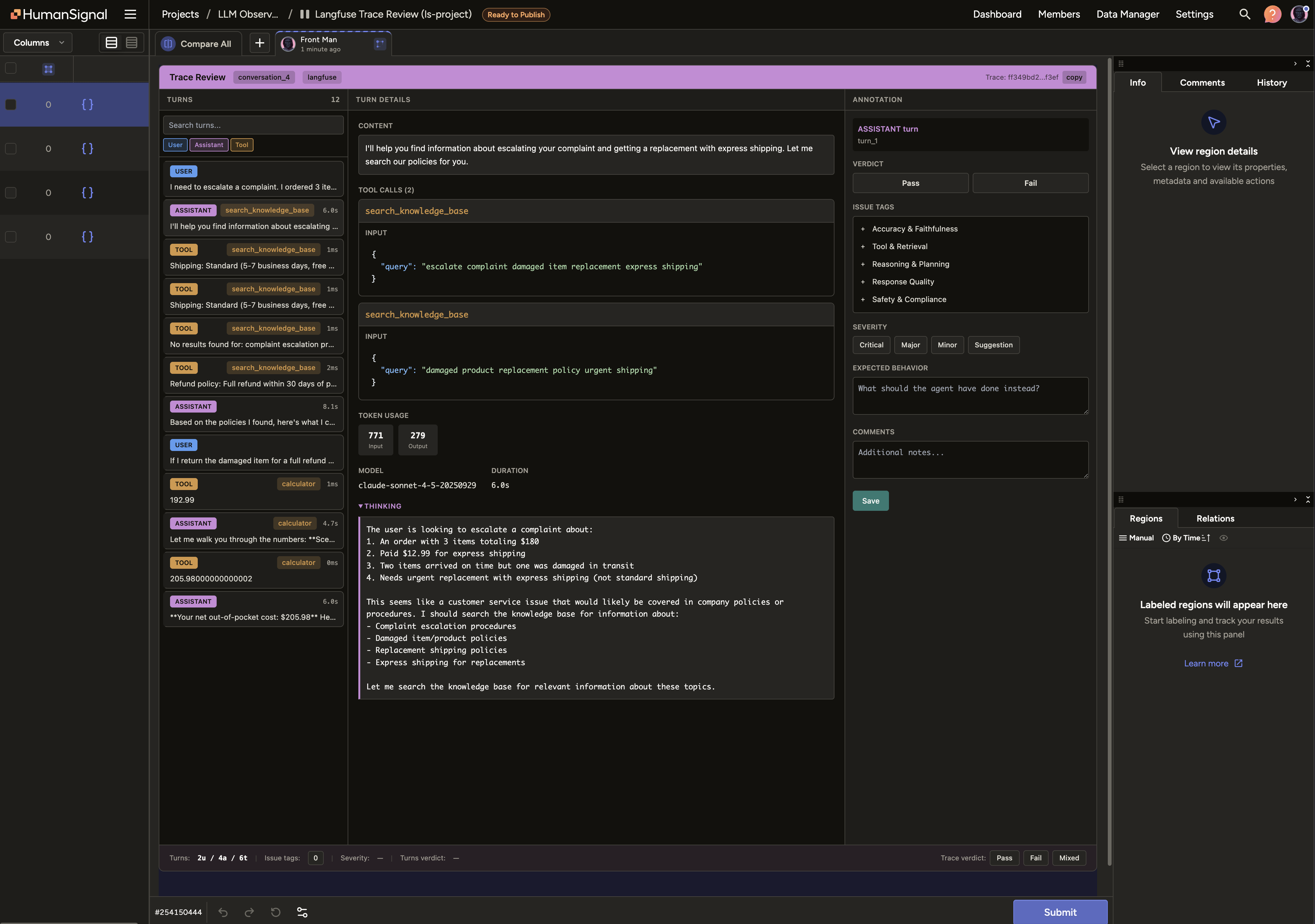 ReactCode 3-panel trace review UI for Langfuse
